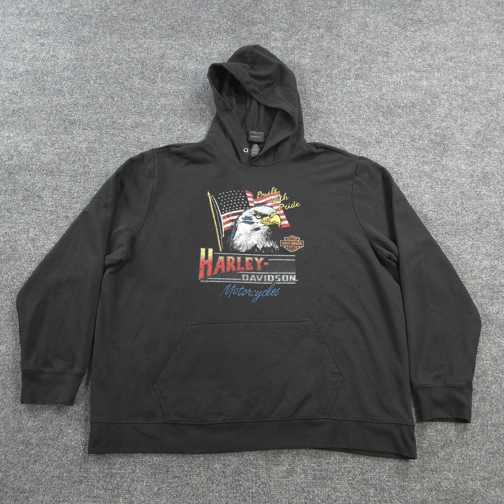 Harley Davidson Hoodie Mens 3XL Black Flag Eagle Graphic Fleece Motorcycle Biker